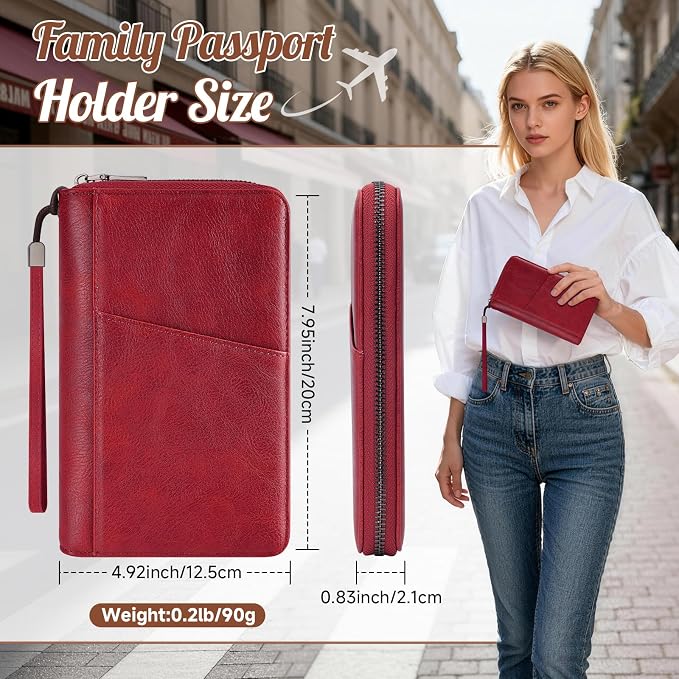 Likesing Family Passport Holder for 4, PU RFID Multiple Passport Holder-Red | Leather RFID Blocking Travel Passport Wallet with Zipper, Travel Document Organizer with Wrist Strap Card Slots for Women Men