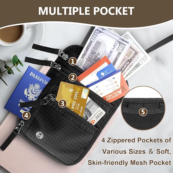 Likesing 5.5" L x 7.9" W Travel Neck Wallet, RFID Passport Pouch(Black) | RFID Blocking Passport Holder for Travel, Security Lightweight Passport Travel Wallet, Neck Pouch Gifts for Women Men