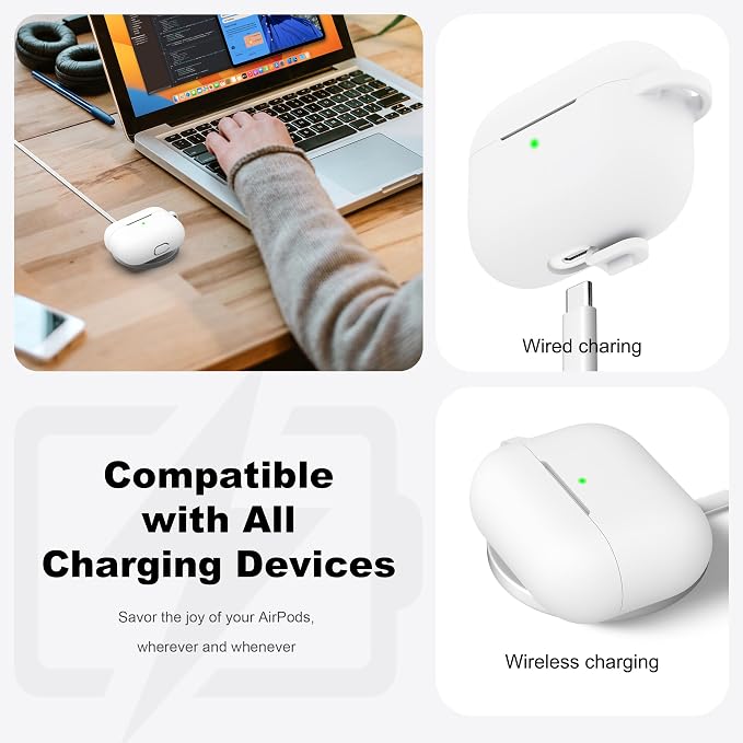 R-fun for AirPods Pro 2 Case, Soft Silicone Protective Cover with Keychain and Cleaning Pen, Compatible with AirPods Pro 2nd/1st Generation, Supports Wireless Charging, White