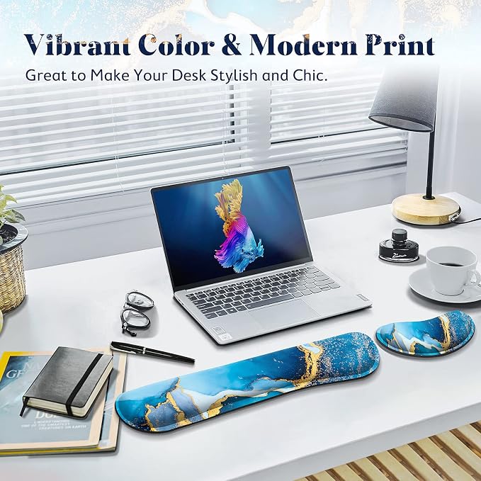 Gimars Upgrade Enlarge Gel Memory Foam Set Keyboard Wrist Rest Pad, Mouse Wrist Cushion Support for Office, Computer, Laptop, Mac, Comfortable, Lightweight for Easy Typing Pain Relief, Blue Gloden