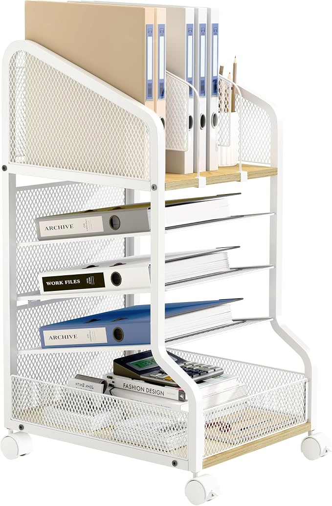 Rolling File Cart Under Desk Storage and Organizers 5-Tier White | Small Filing Cabinet with Adjustable Dividers and Lockable Wheels, Under Desk File Organizer for Home, Office