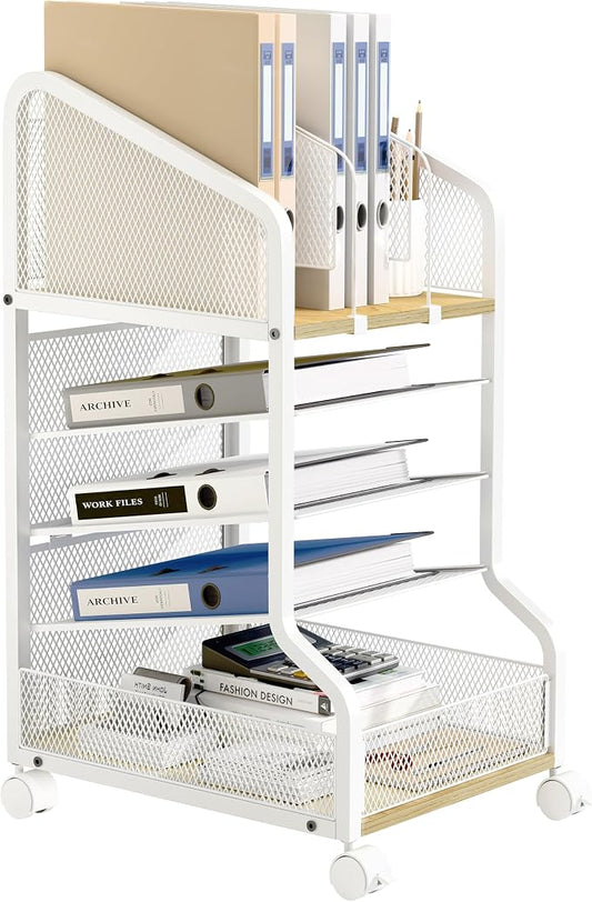 Rolling File Cart Under Desk Storage and Organizers 5-Tier White | Small Filing Cabinet with Adjustable Dividers and Lockable Wheels, Under Desk File Organizer for Home, Office