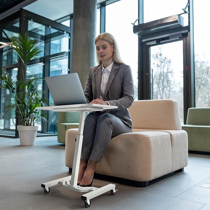 SHW Mobile Height Adjustable Laptop Rolling Cart w/Lockable Wheels, White | Height Adjustable from 28" to 33"