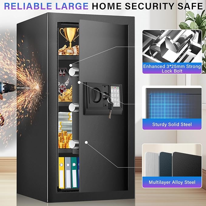 [27.56''] Tall Safe Box, Home Safe with Fireproof Waterproof Bag, 6.2 Cuft Anti-Theft Digital Security Lock Box with Smart Alert System, Removable Shelf, Mute Function, Document Safes for Jewelry