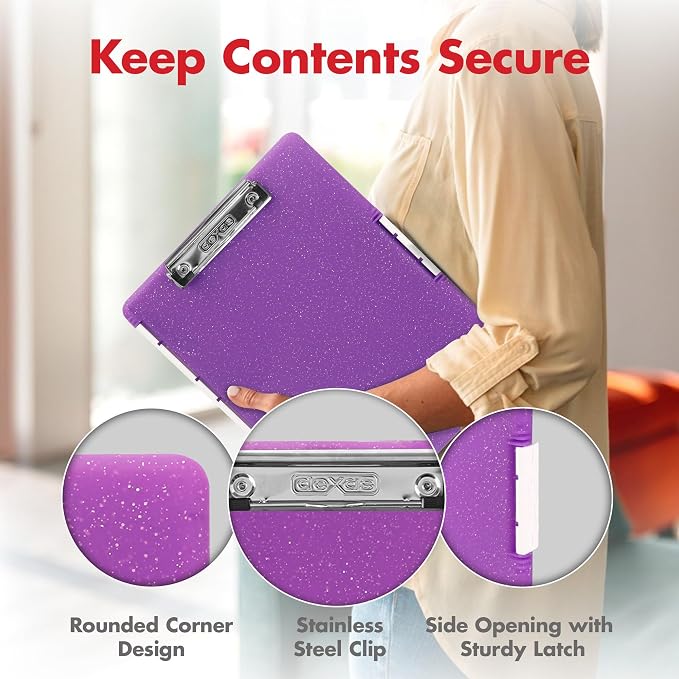 Dexas Slimcase 2 Plastic Clipboard with Storage and Side Opening, Purple Glitter, Office Supplies Clipboards to Organize, Carry and Store, A4 Holder, Style and Functionality Nursing Clipboard