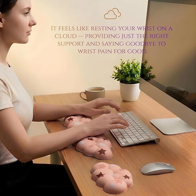 Cloud Wrist Rest Set for Keyboard & Mouse, Milk Tea Colorful Star | Memory Foam Arm Rest with Ergonomic Support Fits Full Keyboards and Reduces Typing Fatigue for Office, Gaming and Home Use
