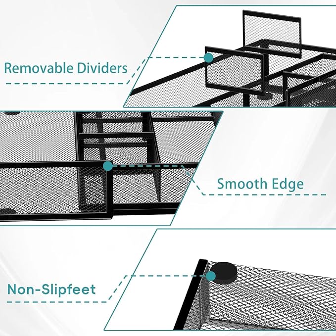 Expandable Desk Drawer Organizer Tray with 10 Adjustable Compartments, Metal Mesh Office Drawer Organizer, Versatile Desk Organizer for Home, School Supplies, Makeup Vanity & Jewelry (Black)