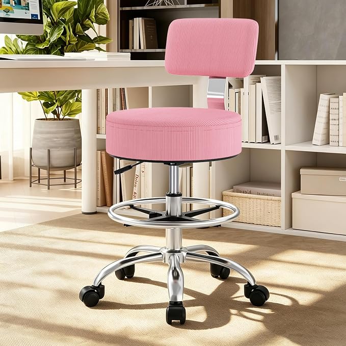 Office Drafting Chair with Footrest, Tall Height Adjustable Stool with Back Support, Heavy Duty Rolling Stool Chair with Wheels for Office Home Kitchen Bar Shop Guitar Studio Vanity, Pink