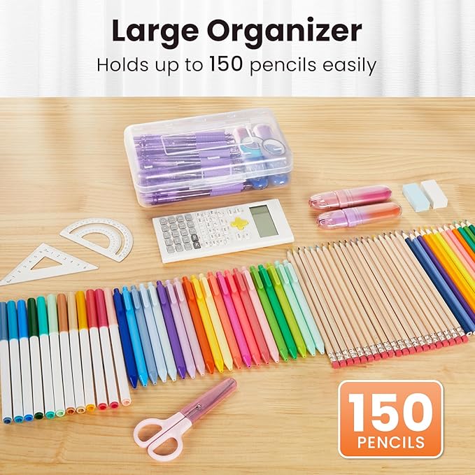Sooez Plastic Pencil Case Box 6 Pack, Colored Large Craft Storage Bulk, Plastic Containers with Snap-tight Lids, Hobby Art School Supply 0rganizer, Marker Bead Pen Bins Organizer,Stackable
