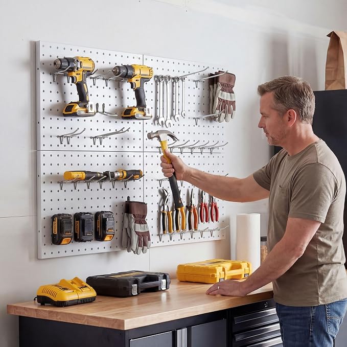 Heavy Duty Peg Board, 4 Pack Metal Pegboard Panels with 50 Hooks | White Pegboard Organizer - Heavy Duty Wall Mount Storage System for Garage Tools, Workbench, Office & Home Organization