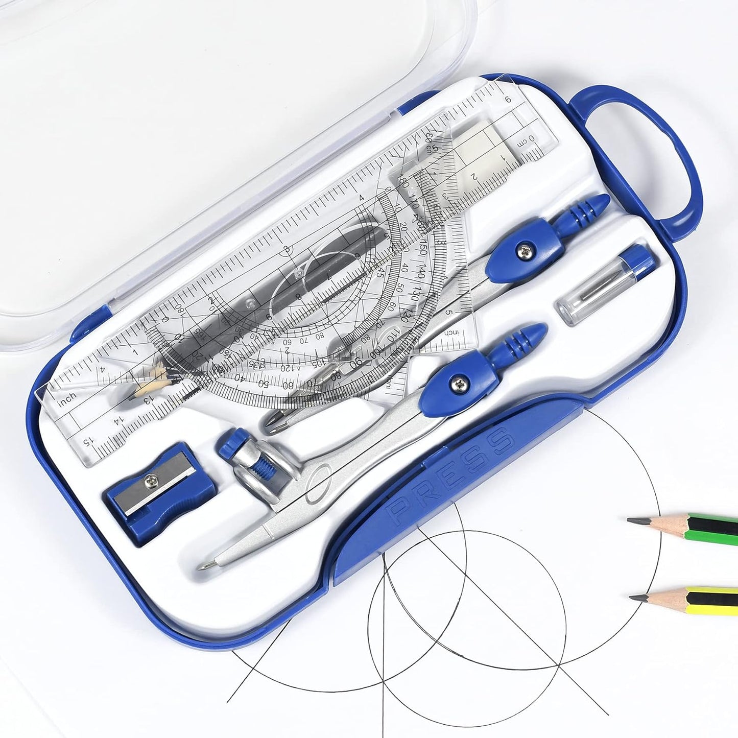 10 Pieces Math Geometry Kit Set Student Supplies with Shatterproof Storage Box,Includes Rulers,Protractor,Compass,Eraser,Pencil Sharpener,Lead Refills,Pencil,for School and Drawings（Navy Blue）