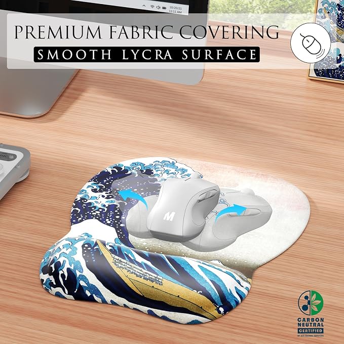 MROCO Ergonomic Mouse Pad with Gel Wrist Rest, 9.4 x 8.1 in, Great Wave | Ergonomic Shape Design, Multiple Pattern Options, Gel Wrist Comfort, Smooth Lycra Surface, Non-Slip PU Base