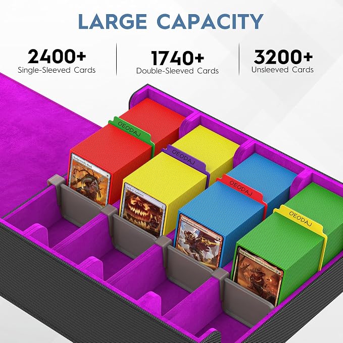 Trading Card Storage Box, 3200+ MTG Card Storage, 4 Row TCG Card Organizer Box with 24 Colorful Dividers and 4 Stands, PKM Bulk Storage, Deck Case Holder Fits for YuGiOh, Game Cards (Black & Purple)