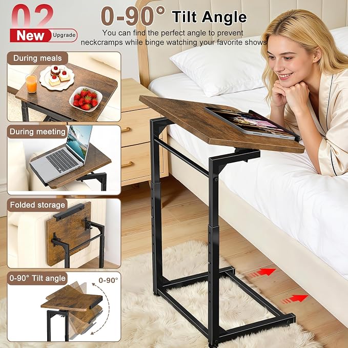 IHAITUN Tv Tray Table, Adjustable Height Couch Narrow Side Table,90° Tilt Angle Foldable End Table, Laptop Table with Phone & Tablet Slot Dinner Tray Desk for Living Room Table Sets (Brown)