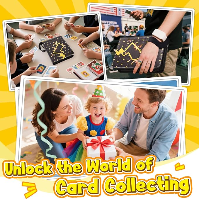 Card Binder – 4 Pocket Zipper Collection Album, Premium PU Holder, Double-Sided Display for 400 Cards, Includes 5 Hard Plastic Sleeves for Game Cards, Sports Cards（Lightning）