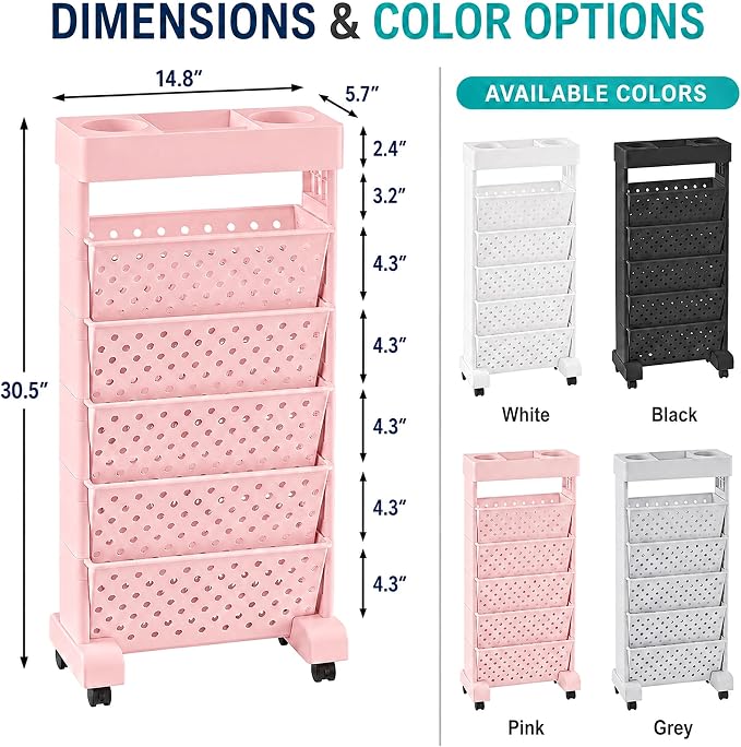BYFU 6-Tier Movable Bookshelf Cart, Pink | Rolling Wheels, File Paper Storage Organizer, Mobile Bookcase, For Home Office Study Classroom