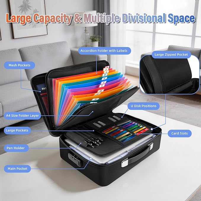 Fireproof Document Box with Lockable Zipper, Waterproof Hard-Shell Case, 13 Pockets Accordion File Folder, Multi-Layer Portable Travel, Home & Office Safe Storage Box for Important Papers, Cash (L)