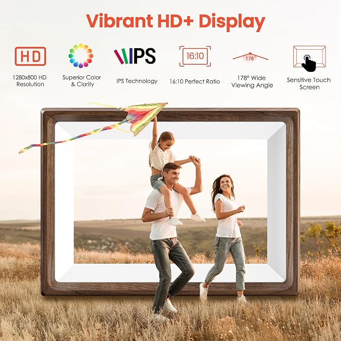 Frameo 10.1" Smart Digital Picture Frame with Walnut Moulding, 16:9 1280p HD IPS Touchscreen Display, 32GB Storage, MicroSD Slot, Plug-in Power, Easy Wireless Photo & Video Sharing, Idea