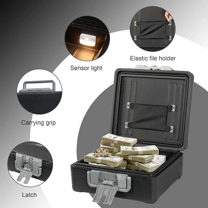 Fireproof and Waterproof Document Safe Box for Home, Portable Fire Safe with Key Lock, Ergonomic Handle and Sensor Light, 1 Hour Fire Protection at 1700°F, 72 Hours Waterproof 14.4 x 11.2