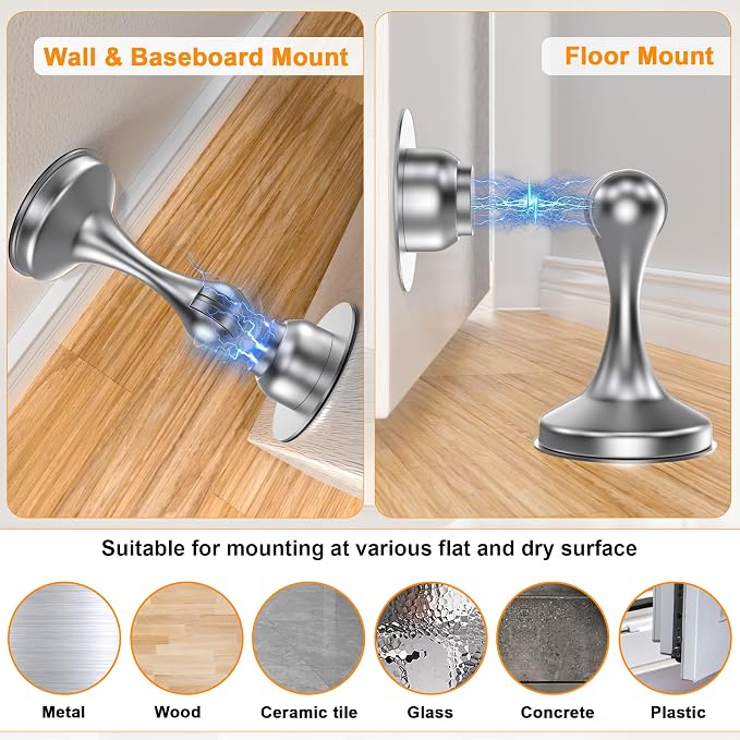 Crosize Magnetic Door Stoppers 4 Pack, Stainless Steel Door Stops for Wall and Floor Mounting, Door Holder Keep Door Open, No Drilling Door Stop with Adhesive Tapes, Silver