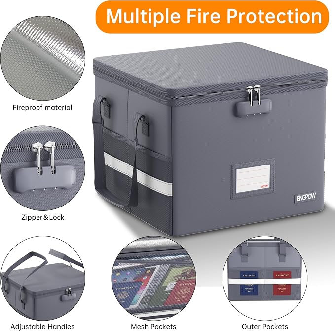 ENGPOW 5200°F File Box Fireproof Document Box with Lock,Heat Insulated Collapsible File Storage Organizer Box with Handle,Portable Home Office File Cabinet for Hanging Letter/Legal Size Folder, Gray