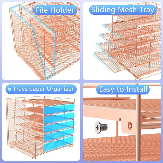 gianotter 6-Tier Paper Organizer With Magazine Holder (Rose Gold, 6-Tier) | Desk Organizers and Accessories, File Organizer for Office Supplies Storag (Rose Gold, 6-Tier)