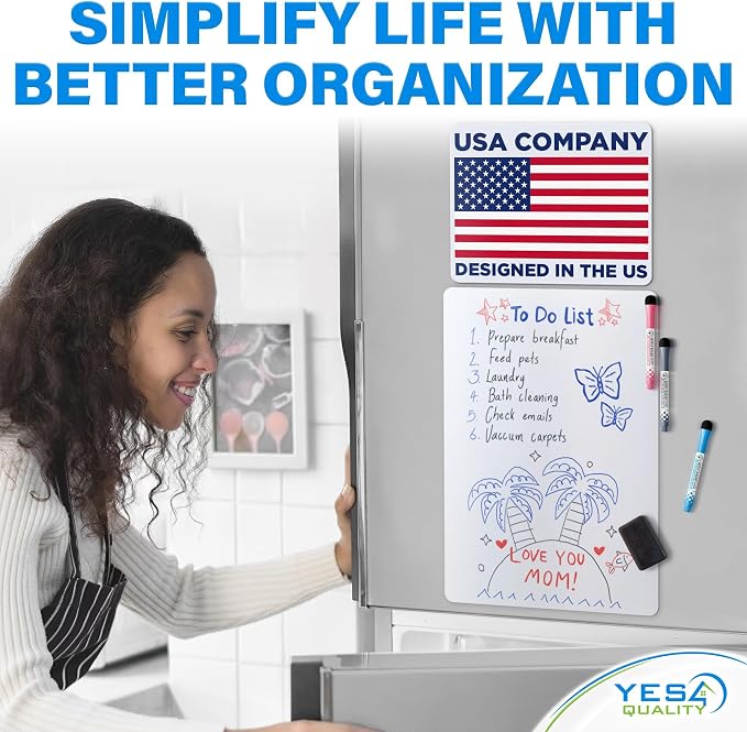 19x13” Magnetic Dry Erase White Board for Fridge w/ 3 Markers & Eraser | Yes4Quality Stain-Resistant Whiteboard Planner Organizer Sheet, Sticks to Most Refrigerators, Colorful Markers, Magnet Eraser