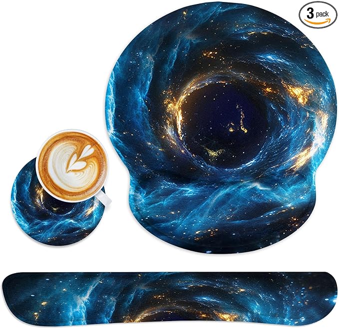Ergonomic Mouse Pad Set with Wrist Rest, Galaxy Space | Blue Black Non-Slip Rubber Base Wrist Cushion Support and Coasters Mousepad with Wrist Support for Computer Keyboard
