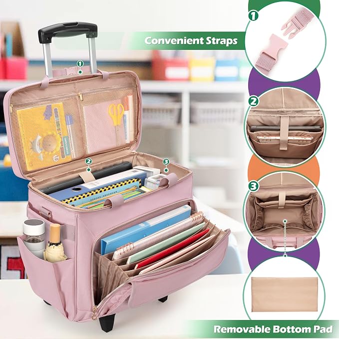 LUXJA Rolling Teacher Bag with Wheels and 15.6" Laptop Compartment, Pink | Rolling Briefcase for Women with Accordion File Area, Teacher Tote Bag for Work with Detachable Dolly and Shoulder Strap