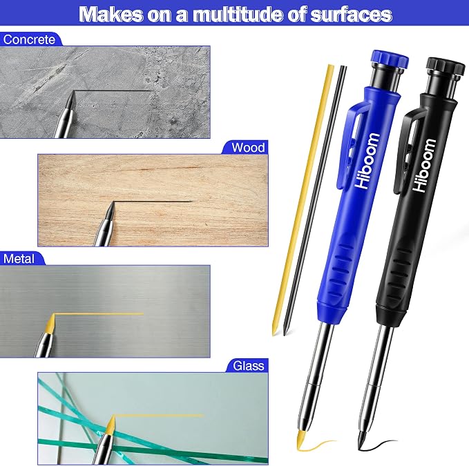 Hiboom 2 Pack Mechanical Deep Hole Carpenter Pencil, 14 Refills | Deep Hole Marker, Long Reach Tip, Built-in Sharpener, Wood, Metal, Concrete, Construction, Woodworking, Architect