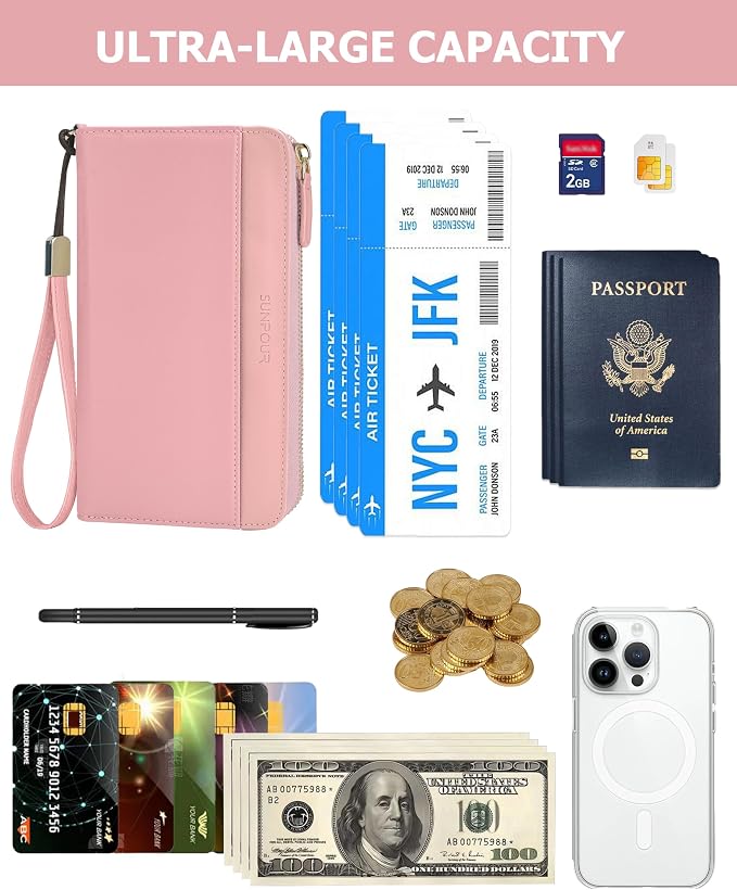 Large Travel Wallet for Women | RFID Blocking Zipper Wallet,Passport Holder Clutch with Wristlet