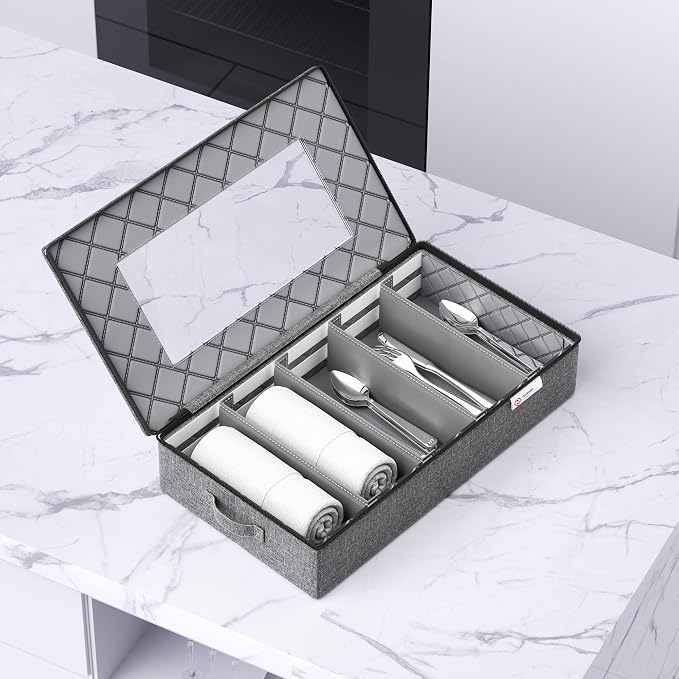 YearningHome Silverware Storage Box,Hard Shell Flatware Organizer with Lid and Zipper,Utensil Storage with Clear Window and adjustable Divider for Spoons,Forks.Knives,Grey