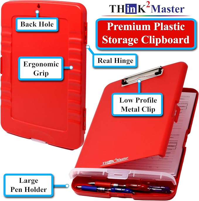 Think2Master Red Plastic Storage Clipboard with Pencil Holder. | 25% Heavier & 25% Sturdier| Heavy Duty. Must Have for Nurses, Teachers & Classrooms.