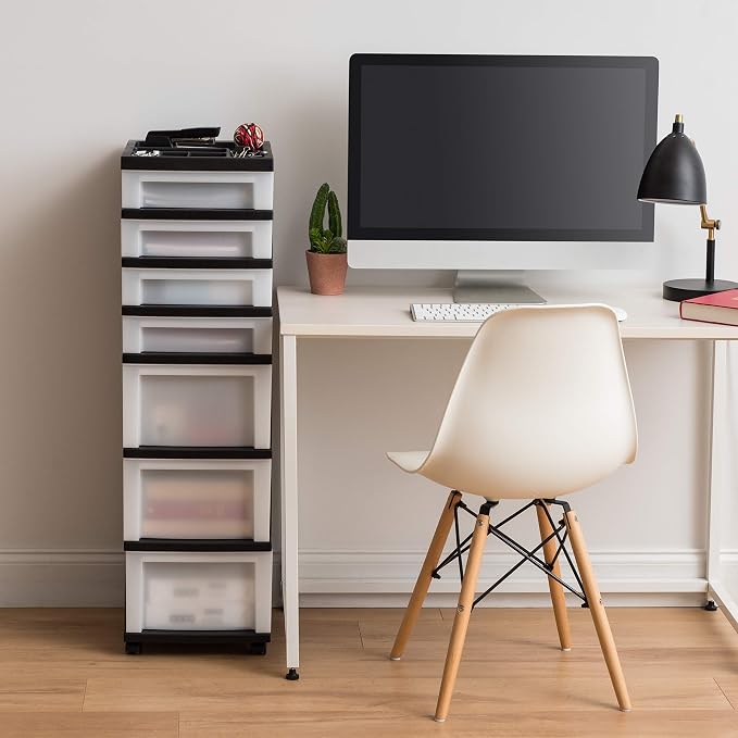 IRIS USA 7-Drawer Rolling Storage Cart, Black/Pearl | Keep classroom supplies, teacher essentials, craft materials, and learning tools organized with easy-access drawers.