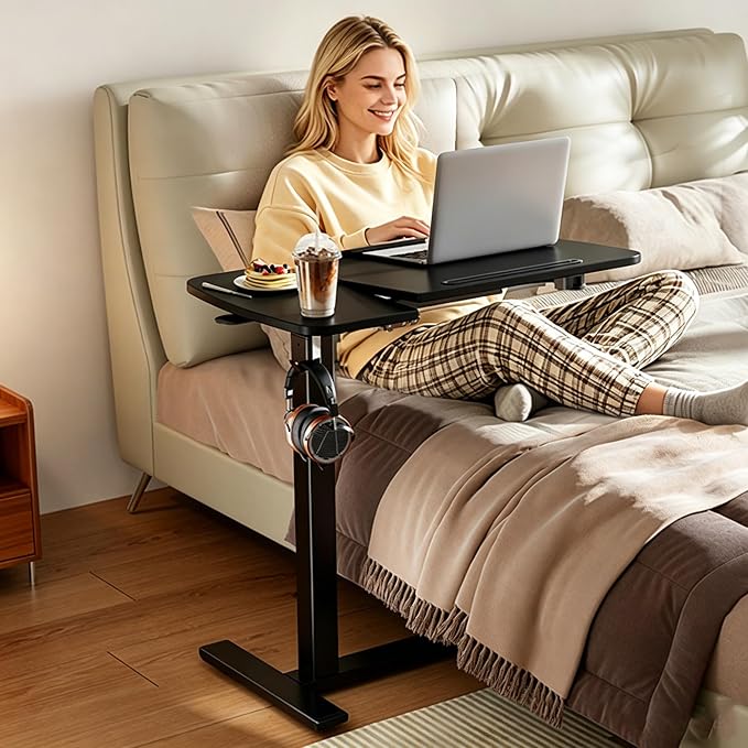 Overbed Table with Wheels, Pneumatic Height and Tilting Desktop | Top Tilts 0-60° with Anti-Slip Stops, Hook, Capacity 66 lbs, 1.18 in Low-Profile Base Slides Easily Under Beds and Sofa
