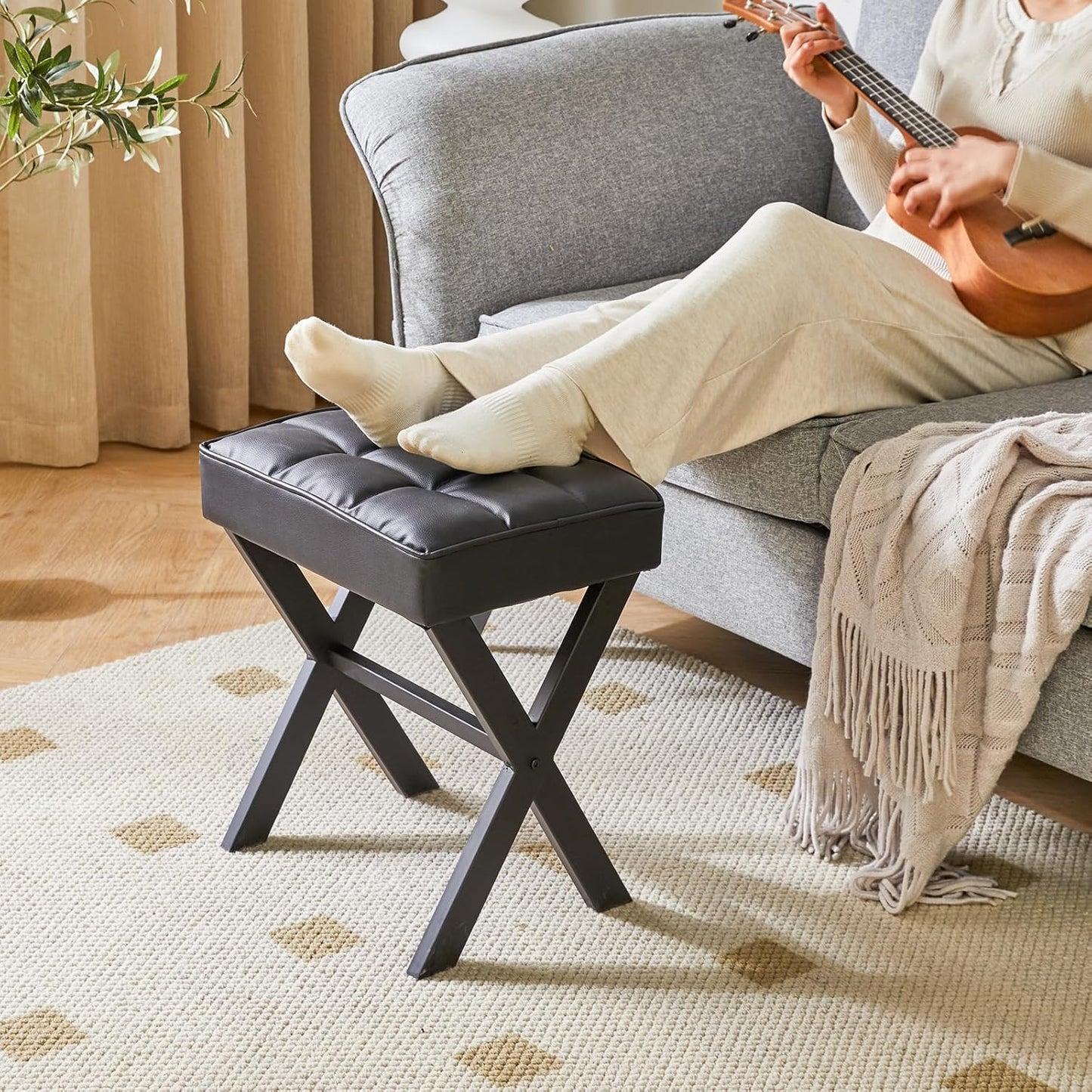IBUYKE Square Makeup Stool with X-Leg Foot Rest, PU Footrest, Ottoman Seat Vanity Stool, Multi-Use as Small Side Table, for Bedroom, Living Room, Black LG-71B
