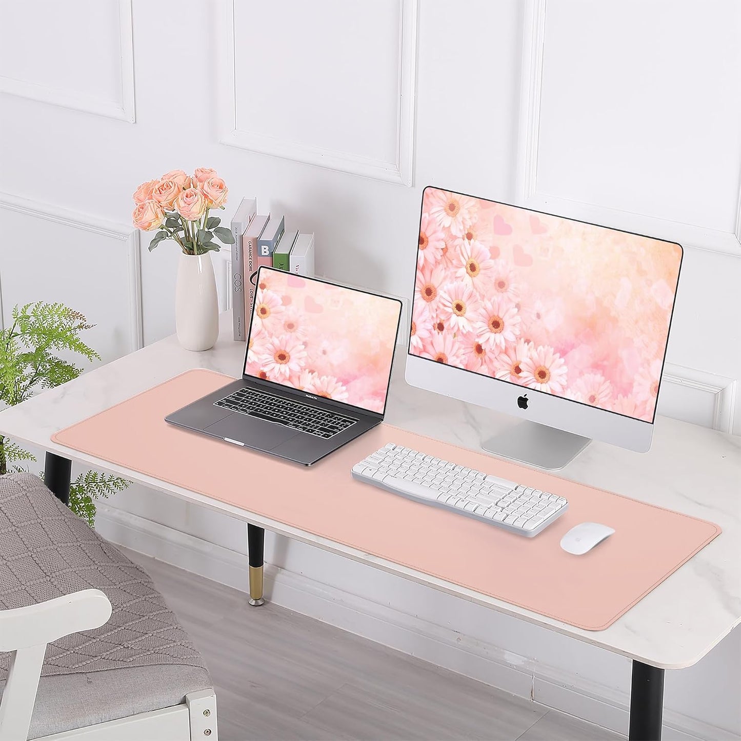 AFIING Leather Desk pad Protector, Large Non-Slip Office Desk Mat with Natural Cork & PU Leather, Waterproof Writing Mouse Pad for Office and Home (55in*17in,Pink)