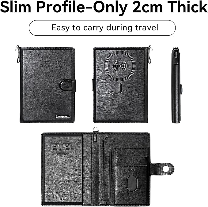 Trackable Passport Holder for Travel, RFID Blocking Wallet, Black | Rechargeable PU leather cover works with Apple Find My and is Apple MFi certified; it includes card storage and a lanyard.