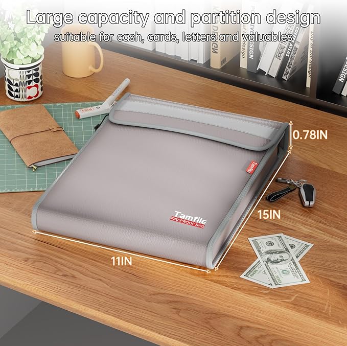 6400℉ Fireproof Document Bag, 15”x 11” Waterproof Document Organizer, Grey | Fireproof Money Bag, 2 Pockets,Safe Important Document Organizer for A4 A5 Legal Letter Size, Valuables, Legal Documents