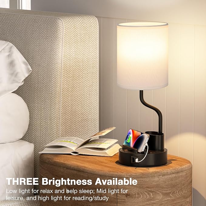 Bedside Lamps for Bedroom Set of 2 - Table Desk Lamp for Nightstand | 15" Table Lamp for Living Room with Pen Holder & Phone Stand, USB A+C Port, AC Outlet, 3 Color Temperature, LED Bulb Included