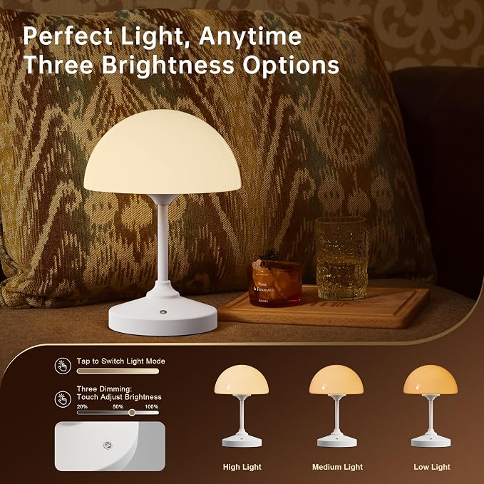 Mushroom Lamp Cordless Lamp Table Lamp,Outdoor Waterproof Shower Lamps,5000mAh Rechargeble Battery Operated Dimmable Touch Desk Lamps,LED Night Light for Bathroom Patio Camping Outdoor(White)