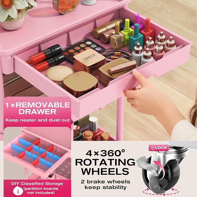 Goovilla Rolling Makeup Organizer Cart with Removable Drawer, 3 Tier Pink | Stable Floor Skincare Storage Cart for Vanity, Cosmetic Display, Nail Polish, Perfume, Hair Stuff, Beauty, Bathroom(Plastic)