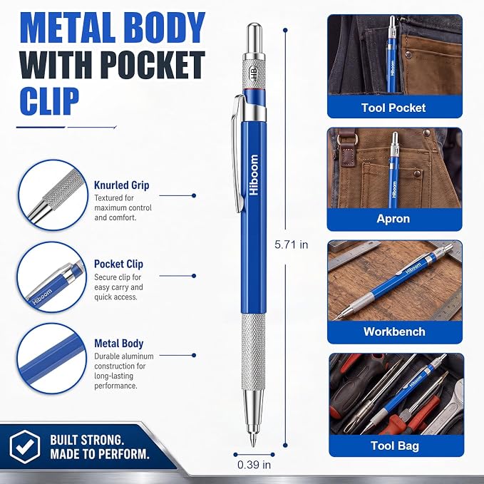 Hiboom 4 Pcs Welders Pencil with 60 Silver Round Refills 2 mm Mechanical Pencils Refill, Metal Marker Set for Pipe Fitter Welder Steel Construction Fabrication Wood Working Metal Layout Fabrication