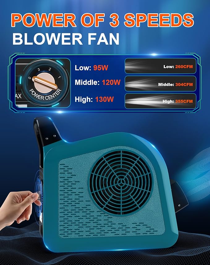 Air Mover Blower Fan - Carpet Dryer for Cooling, Drying and Ventilating, 355CFM Powerful Floor Fans for Home and Garage with 3 Speeds, High Velocity Utility Fan with 2 Outlets, 130W, Blue