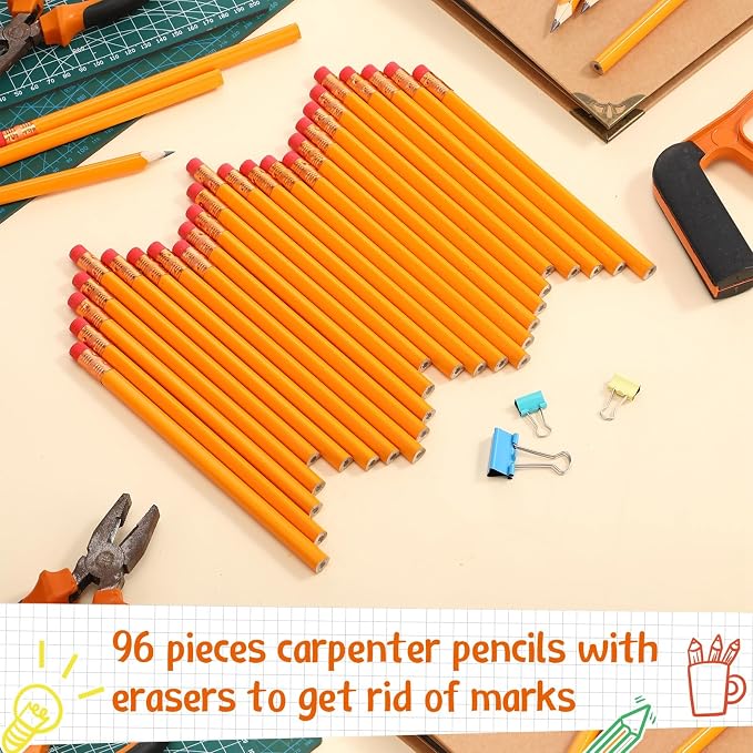 Fainne 96 Pcs Jumbo Pencil with Black Core Cedar Wooden Pencil with Eraser for Carpenters Students Teachers School Construction Woodworkers Beginners Office Workers(Orange,Triangle)