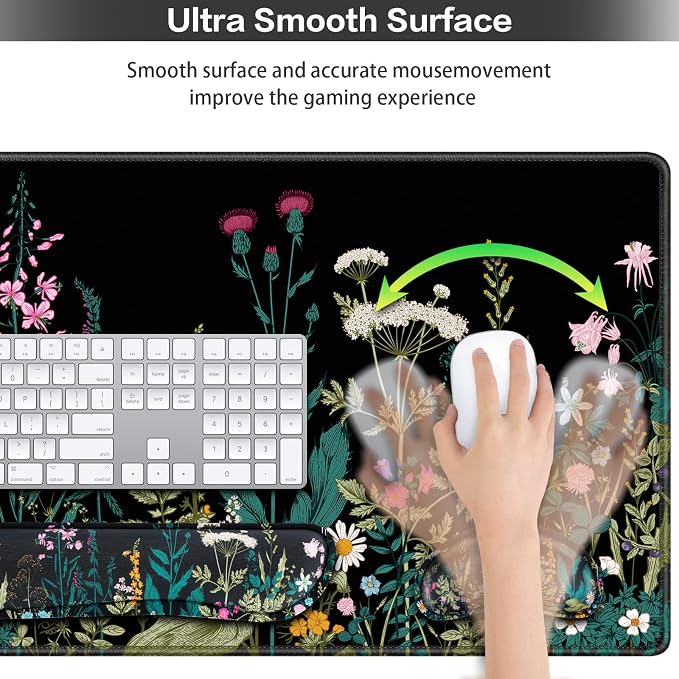 Desk Mat, Large Gaming Mouse Pad with Wrist Rest, 4in1 XXL Mousepad Floral | Keyboard Wrist Rest+Mouse Pad Wrist Support+Cup Coaster Set Ergonomic Computer Desk Arm Wrist for Decor Home Office Women