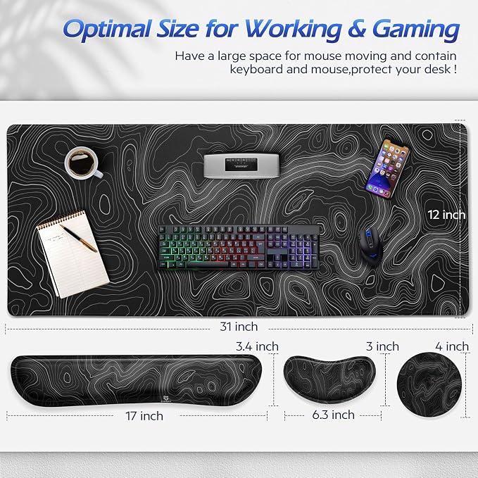 Gimars 4 in 1 Mouse Pad and Keyboard Wrist Rest Set, Large Mouse Pad with Memory Foam Wrist Support Pad for Desk with Coaster, Easy Typing Pain Relief, Gaming Office Home 31.5x12 in, Topographic Map