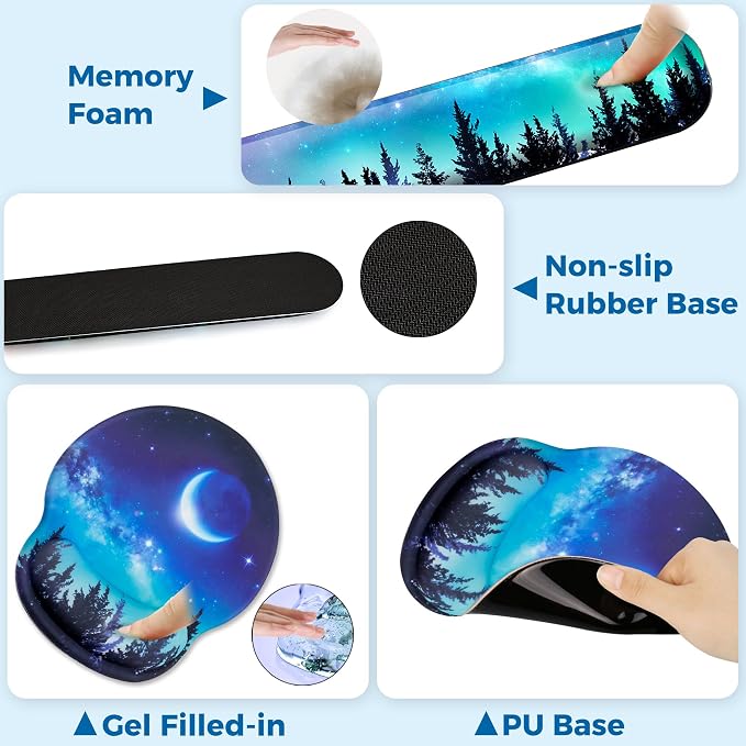 Mouse Pad and Keyboard Wrist Rest Support,Ergonomic Mouse Pad Set | Mousepad With Coaster and Non-Slip PU Base,Pain Relief for Desk Desktop Gaming, Computer,Office -Beach
