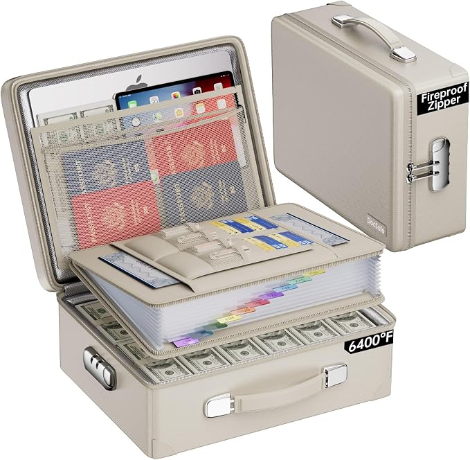 DocSafe 6400°F Fireproof Document Box with Lock, 10 Layers Heat Insulated | Fire&Water Resistant,Hard Case Safe Box with Zipper＆Multi Pockets, Protects Personal Items,Documents,Laptop,Passport,Beige