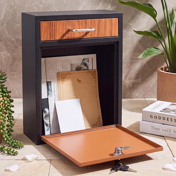 Yaocom Locking Mailbox with Key for Outdoor 16.2 x 11.2 x 4.7 Inches Large Wall Mount Mail Box with Lock Security Mail Drop Metal Collection Boxes Hanging Secure Postbox(Wooden)